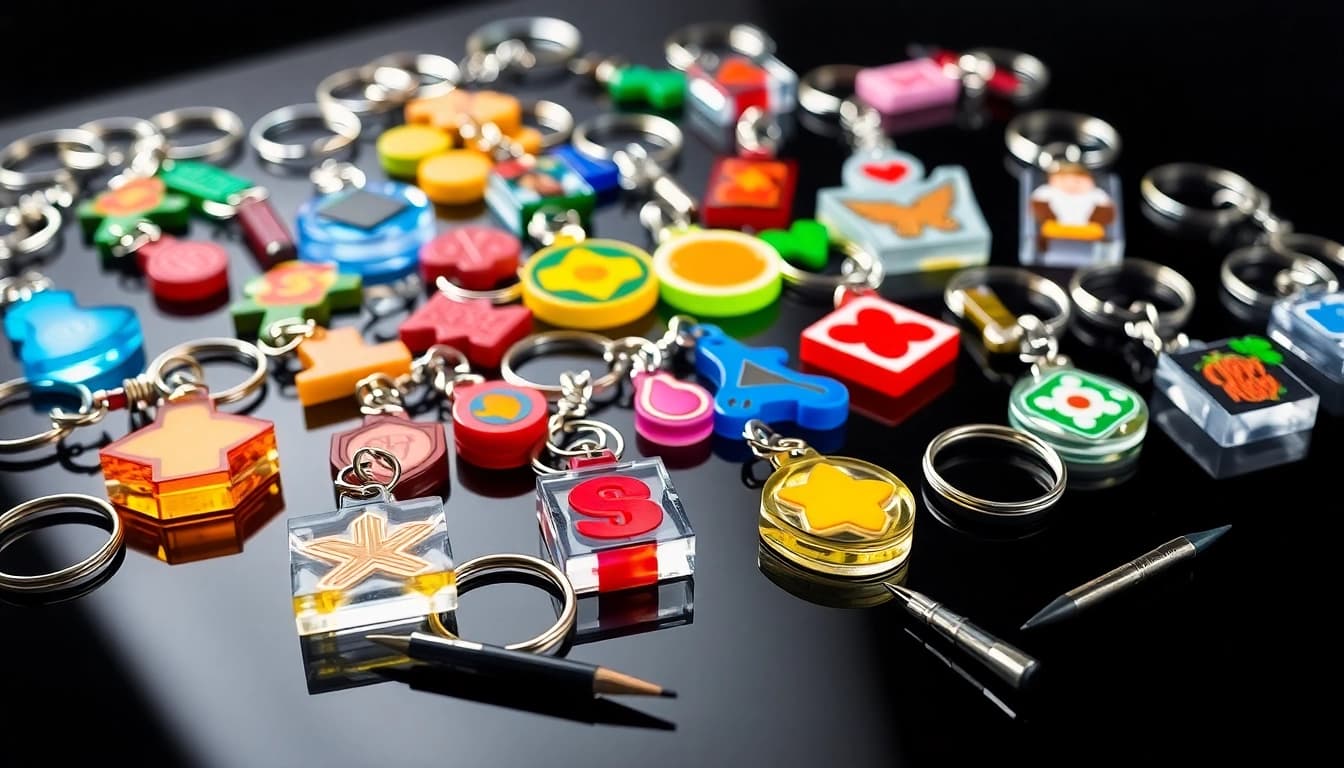 Acrylic keychain manufacturer showcasing vibrant, custom designs on a glossy surface.