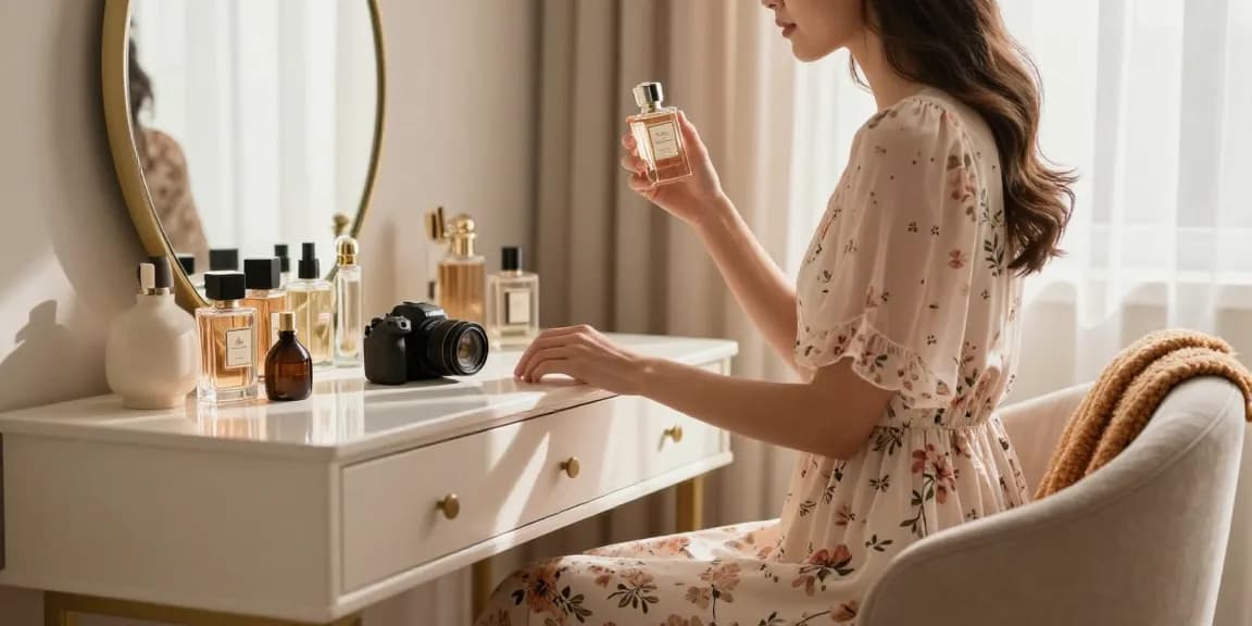 Elegant woman applying Razalympea perfume in a beautifully styled bedroom, surrounded by luxury fragrance bottles.
