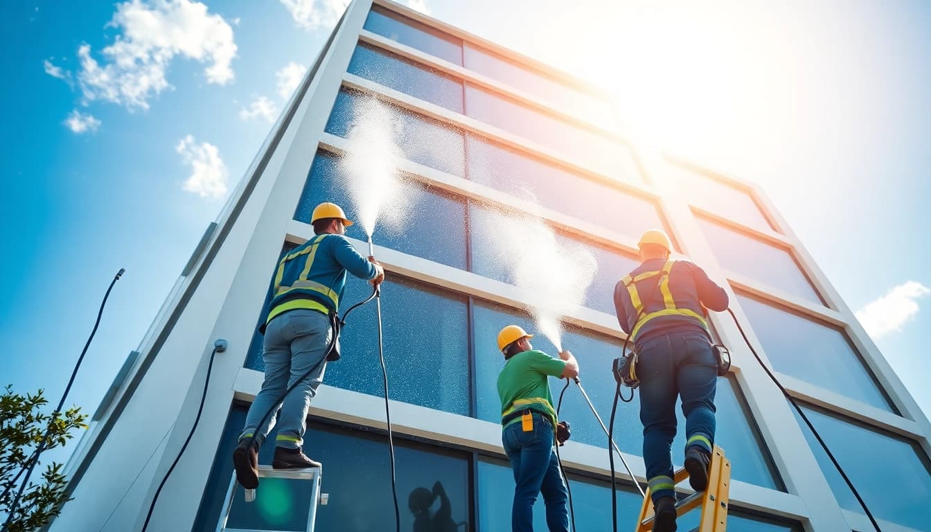 Exterior cleaning services in action, showcasing professionals using high-pressure washers on a gleaming building.