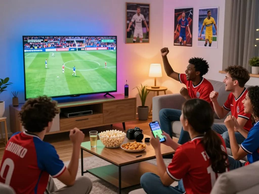 Group of friends celebrating football with Cakhiatv streaming live matches in a vibrant living room.