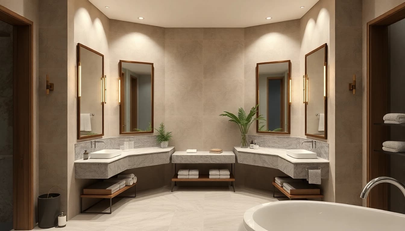 Transforming a space through bathroom remodeling, featuring modern vanities and ambient lighting.