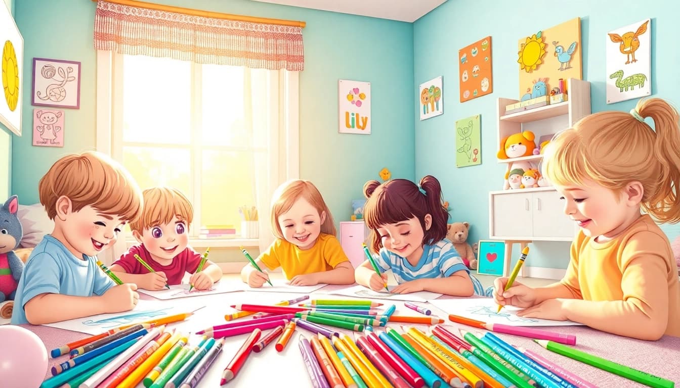 Children happily drawing with colorful kids colouring pencils in a bright, sunny room.