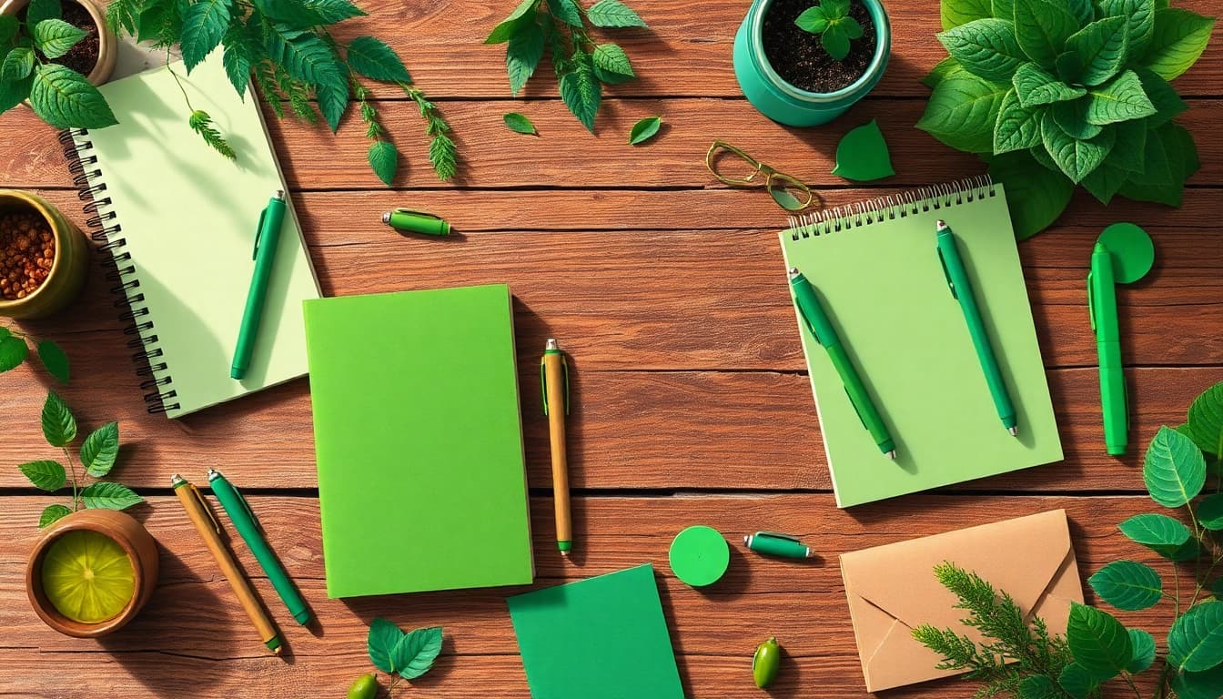 Discover eco-friendly green stationery items showcasing sustainable materials and vibrant designs.