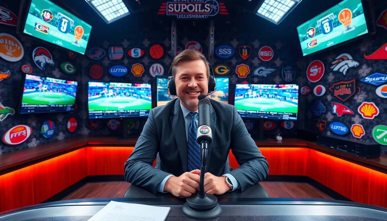 Captivating scene of Sports Broadcasting studio with broadcasters and multiple screens.