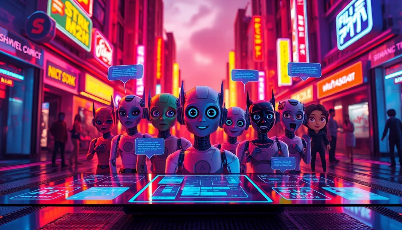 Engaging scene showcasing spicy AI interactions with vibrant neon lights and animated AI personas.
