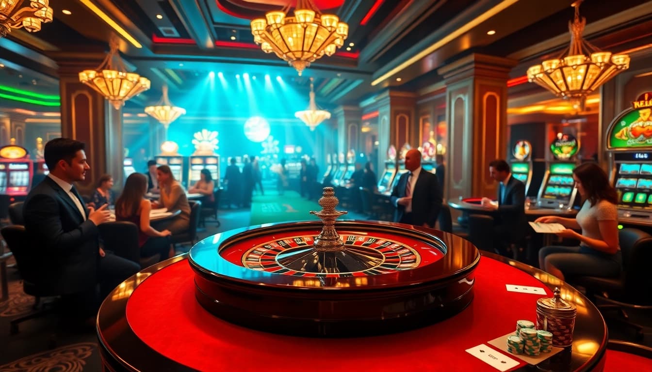 Experience the excitement of gambling at https://69vnbl.com/ with a vibrant roulette scene featuring enthusiastic players and luxury decor.