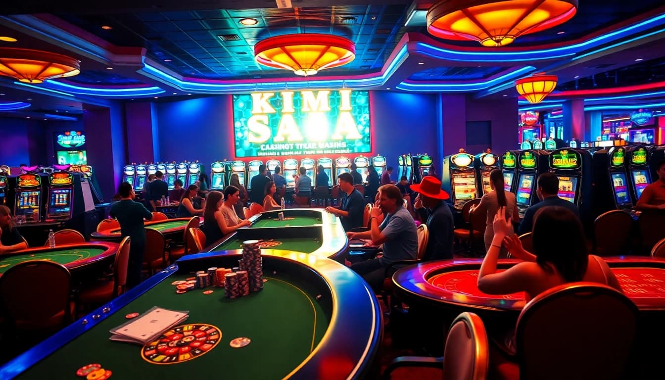 Experience lively gameplay at Kim Casino with players enjoying blackjack and roulette.