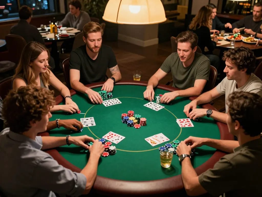 Friends enjoy an exciting poker night with 68win strategies and colorful gameplay.