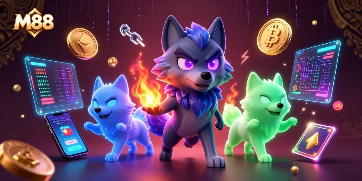 M88 elevates online gambling with a futuristic scene featuring glowing wolf characters and cryptocurrencies.