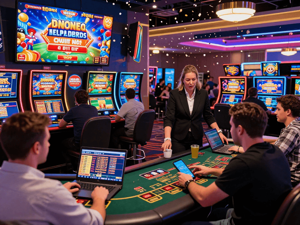 Exciting scene of players engaging with non uk online casinos featuring live dealer tables and vibrant slot games.