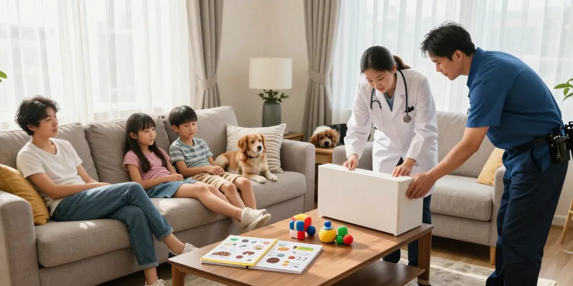 Family relaxing in a bright living room after bed bug heat treatment, with an expert inspecting furniture.