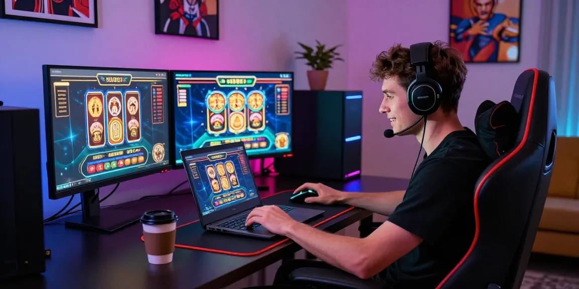 Exciting online gaming setup showing a player at his laptop enjoying non UK casino games, with vibrant lighting and multiple screens at https://rcnhca.org.uk.