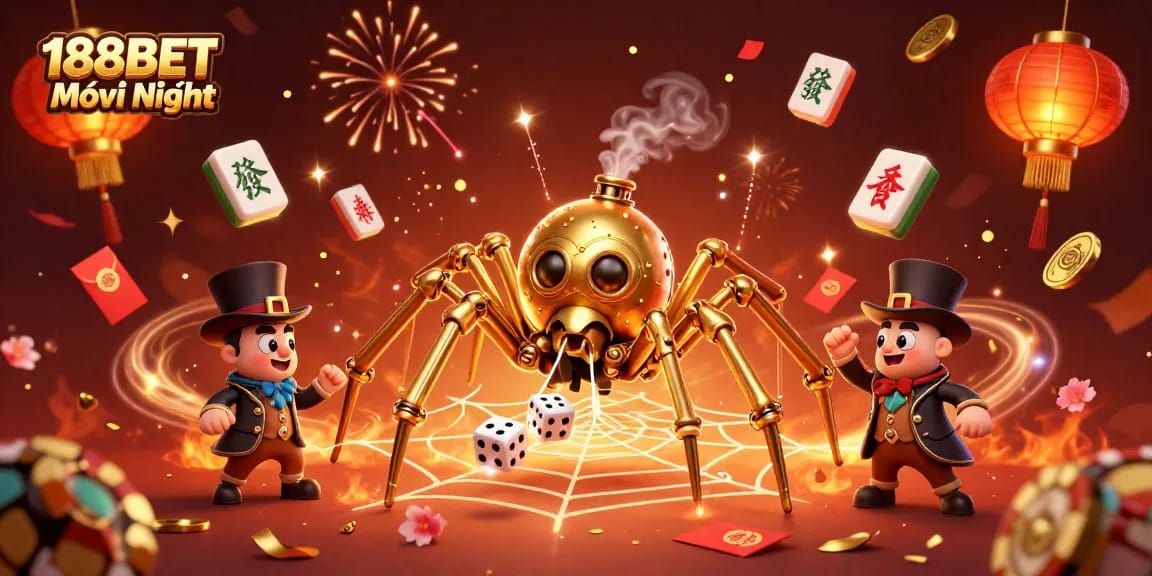 Engage with the thrilling world of 188BET Mới Nhất, where a steampunk spider ensnares dice among golden chains and gaming elements.