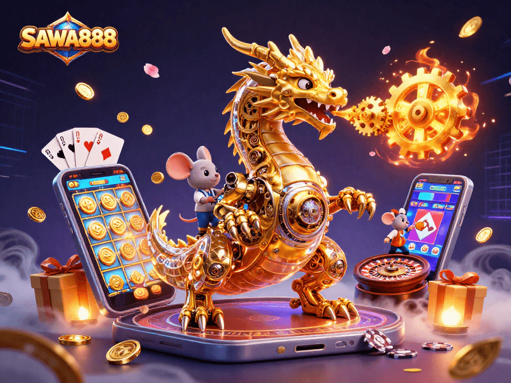 Experience thrilling gameplay with SAWA888, featuring a golden dragon and vibrant slot game elements.
