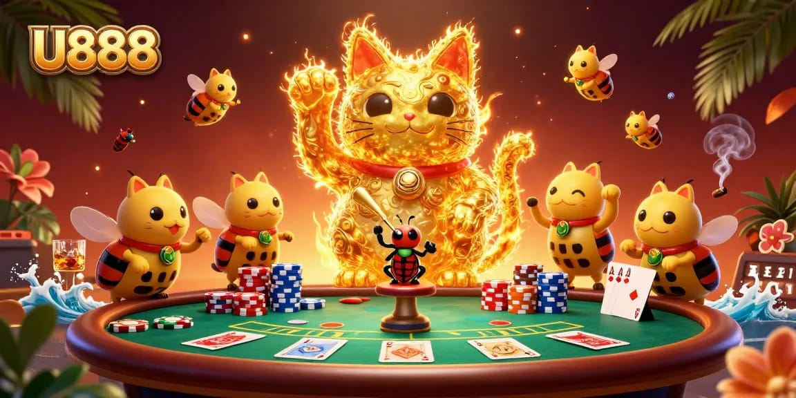 U888 offers a vibrant 3D scene with a lucky cat and poker elements, perfect for online gaming.