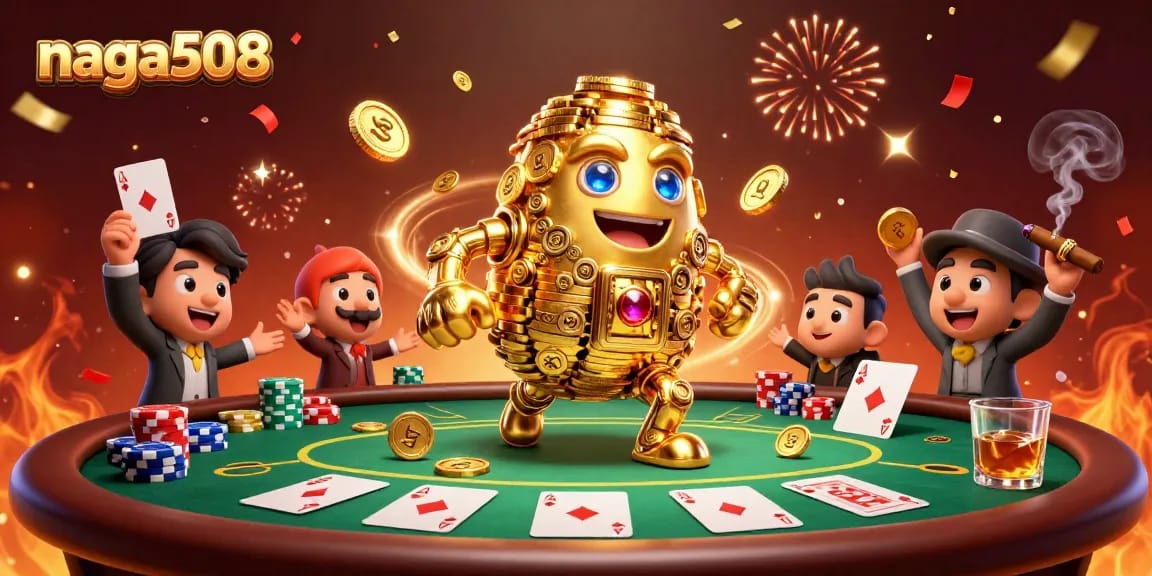 Naga508 players winning with golden golem, poker chips, and vibrant casino atmosphere