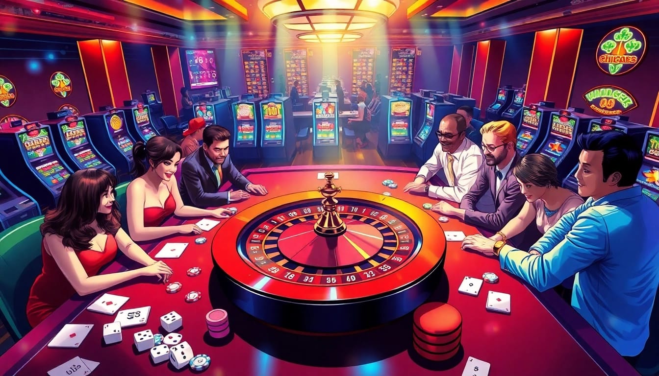 S8 gaming tables bustling with excitement, showcasing players enjoying poker and roulette in a luxurious casino setting.