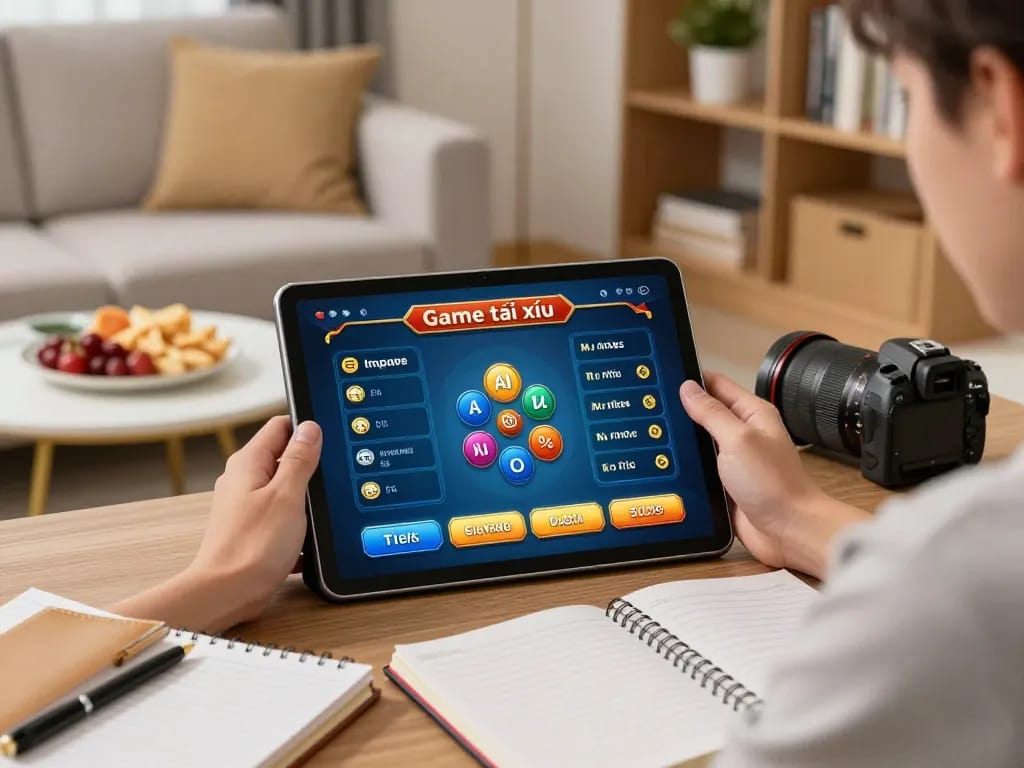 Engaged player using tablet for Game tài xỉu, showcasing strategic gameplay in a cozy home setting.