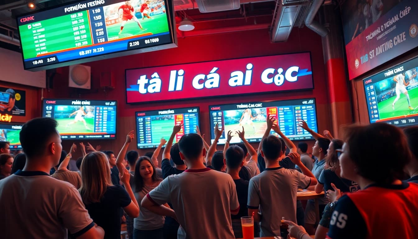 Capture the thrilling atmosphere of a sports betting café highlighting tỷ lệ cá cược on large screens.