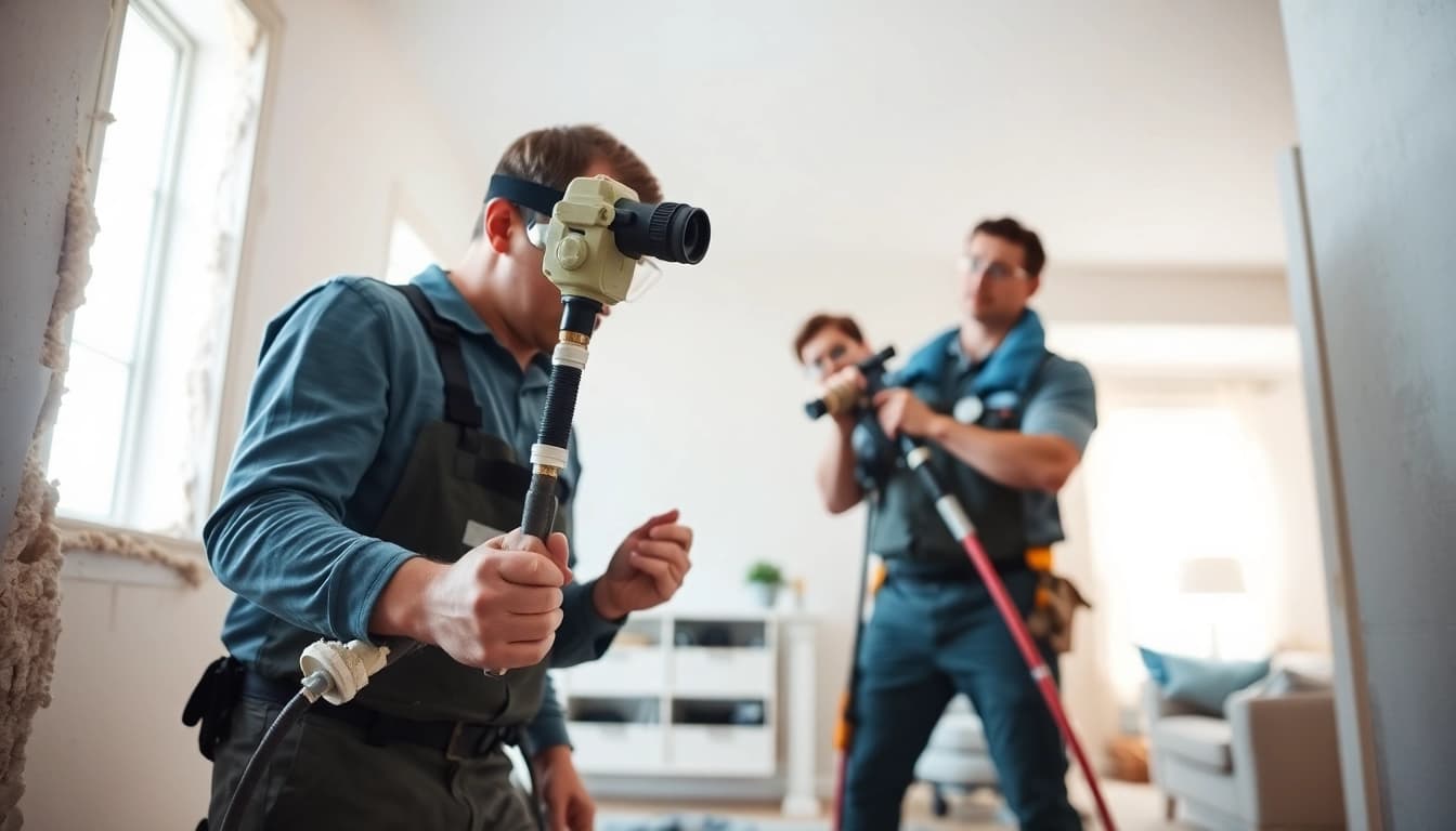 Workers performing spray foam removal Littlehampton in a residential area, showcasing tools and protective equipment.