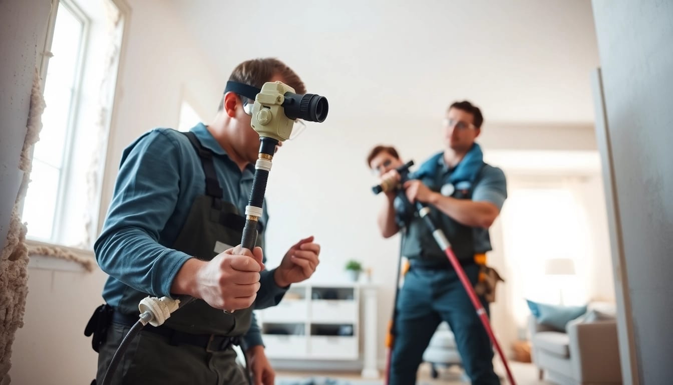 Workers performing spray foam removal Littlehampton in a residential area, showcasing tools and protective equipment.