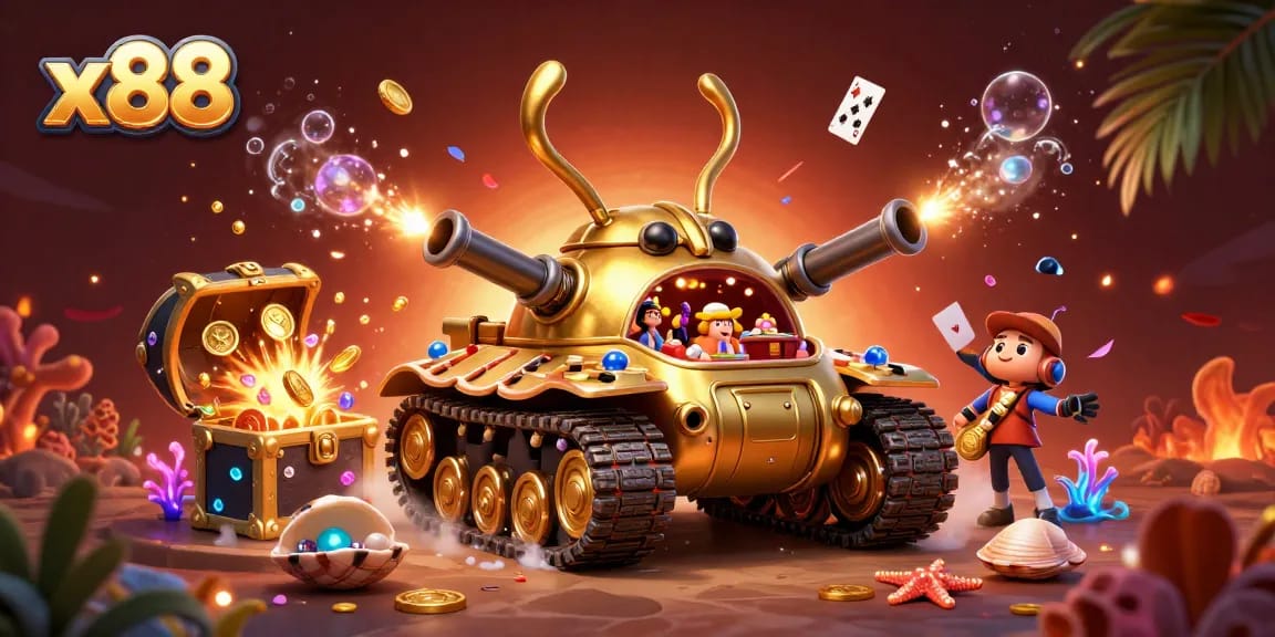 x88 bursts with energy in a visually stunning 3D casino illustration featuring a golden beetle tank.