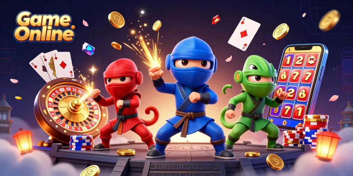 Experience the thrill of Game Online with dynamic chameleon ninjas amidst flying coins and spinning roulette.