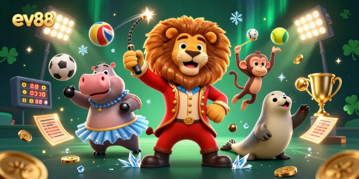 Experience thrilling betting excitement with ev88, showcasing lively 3D characters and gambling action.