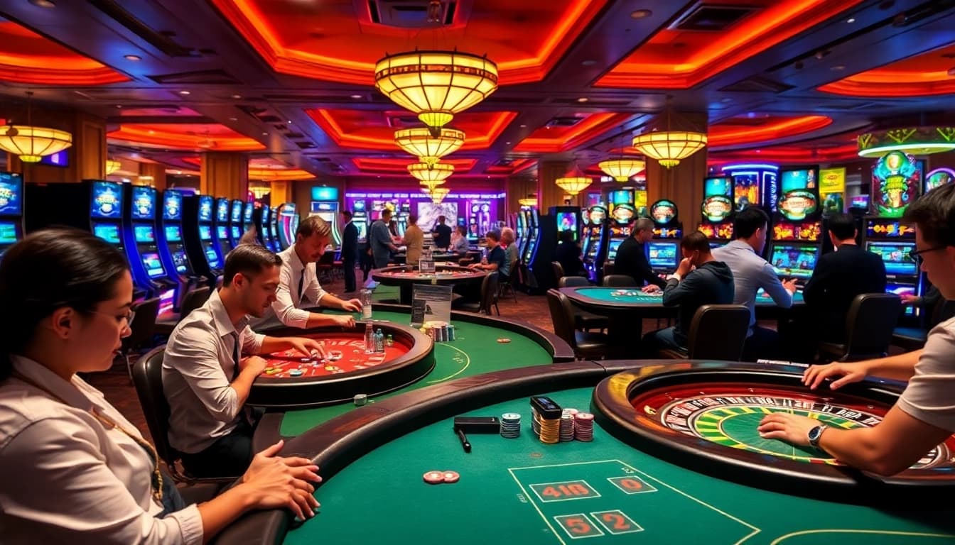 A lively casino gaming floor depicting KJC AC 2 with players at tables, slot machines, and poker chips in action.
