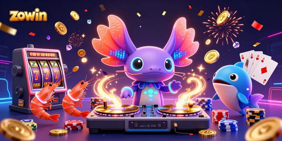 Experience the vibrant zowin casino scene with neon axolotl DJ and slot machines in action.