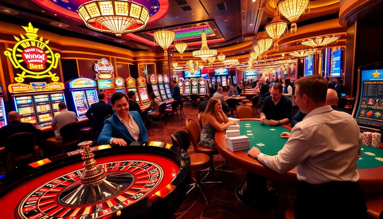 Experience the excitement at https://rr888.video/ with players engaged in thrilling casino games at a vibrant gambling floor.