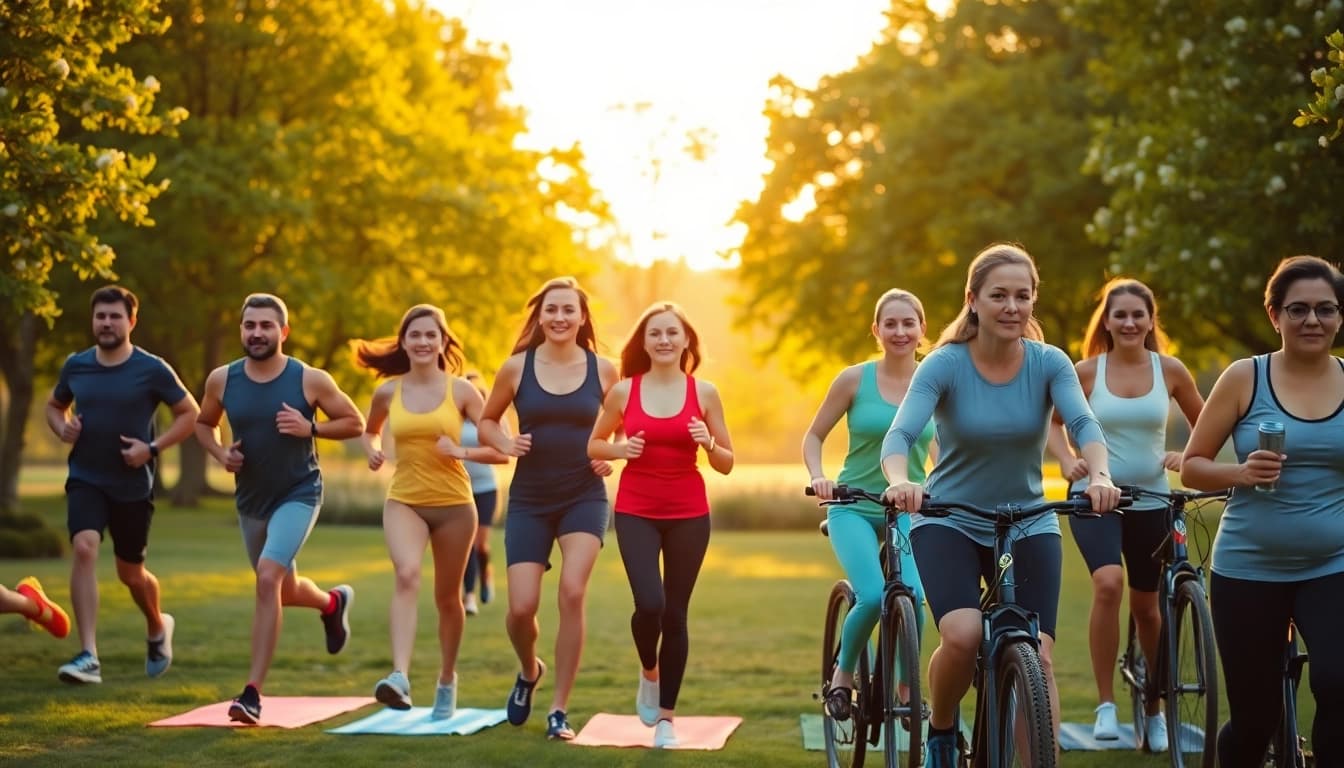 Group of people engaging in exercises promoting weight loss in a sunny park