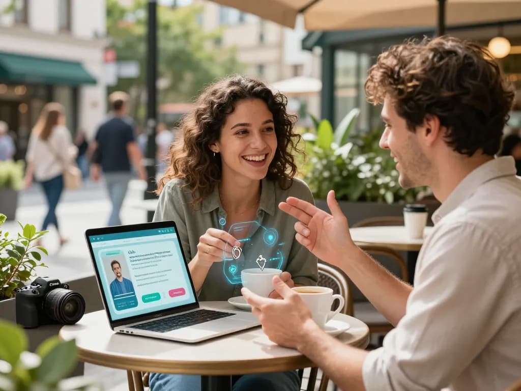 Couple using a sex AI app in a lively cafe setting to enhance their relationship conversations.