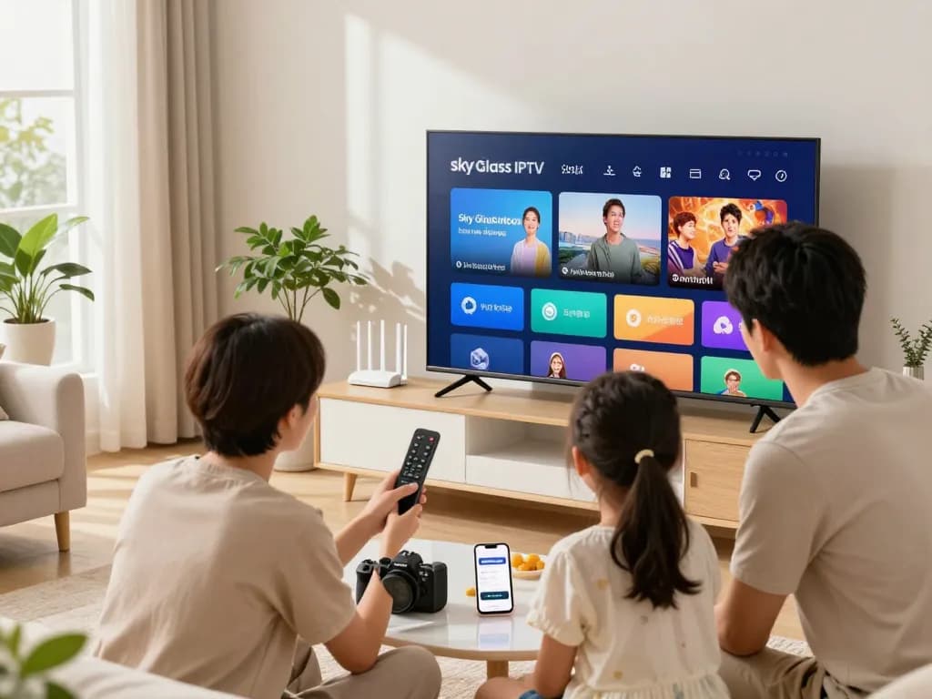 Sky Glass IPTV installation Guide scene of a family setting up their smart TV with joyful interaction.