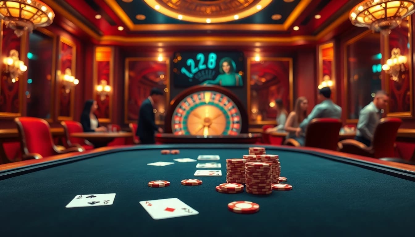 Players engaging in game bài đổi thưởng at an elegant casino table, showcasing the thrill of gambling.