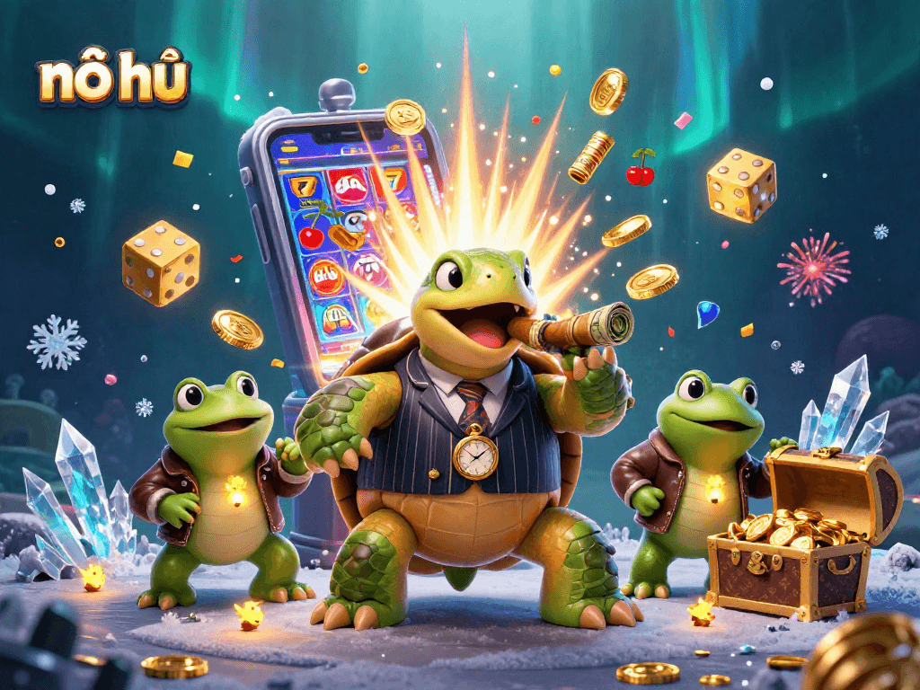 Spin the nổ hũ slots with a massive turtle in a pinstripe suit and jackpot bursting coins.