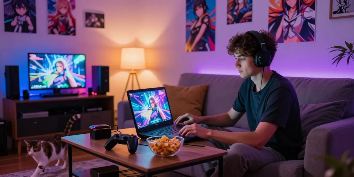 Young adult male playing a hentai game in a cozy living room, illuminated by colorful LED lights.