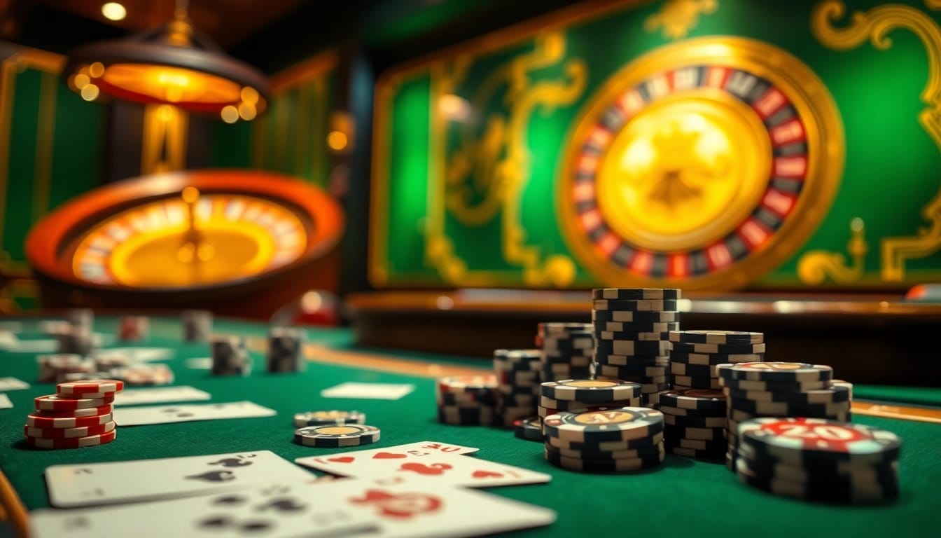 Experience the excitement of gambling at nhà cái win678 with an elegant casino scene featuring poker and roulette.