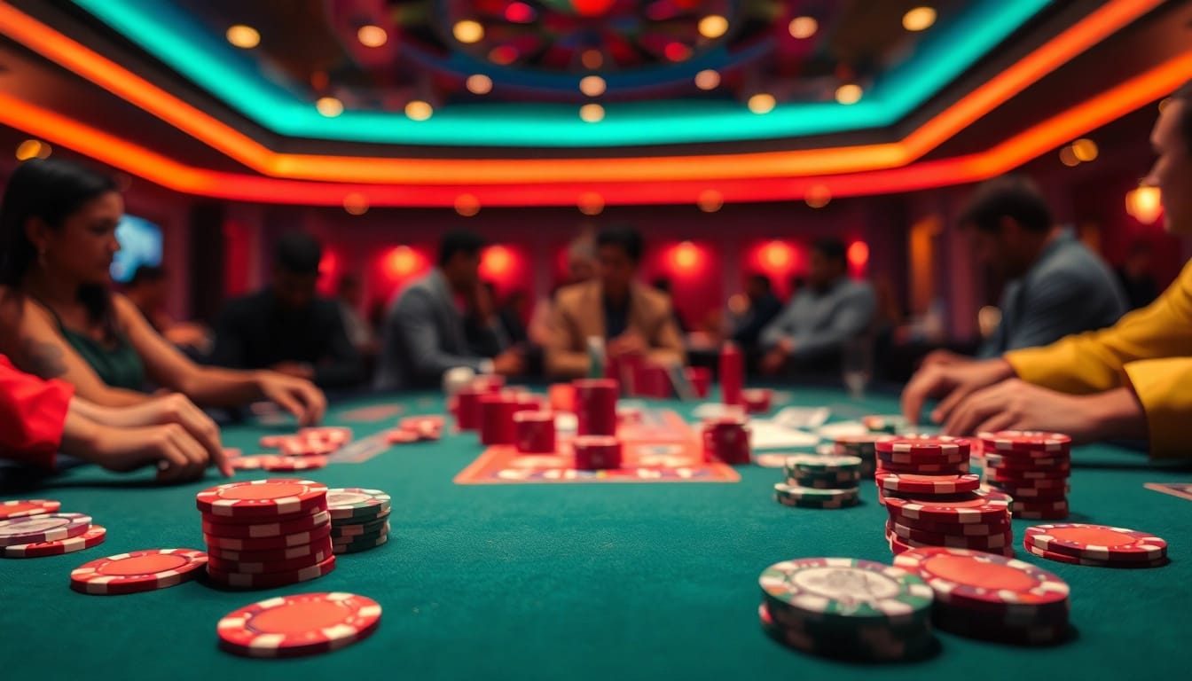 Permainan pg bet dengan kartu dan chip kasino yang mencolok dan menarik di atas meja.