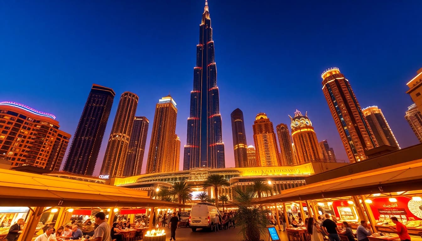 Explore the vibrant cityscape of Dubai, showcasing its breathtaking buildings and lively atmosphere during a sunset.