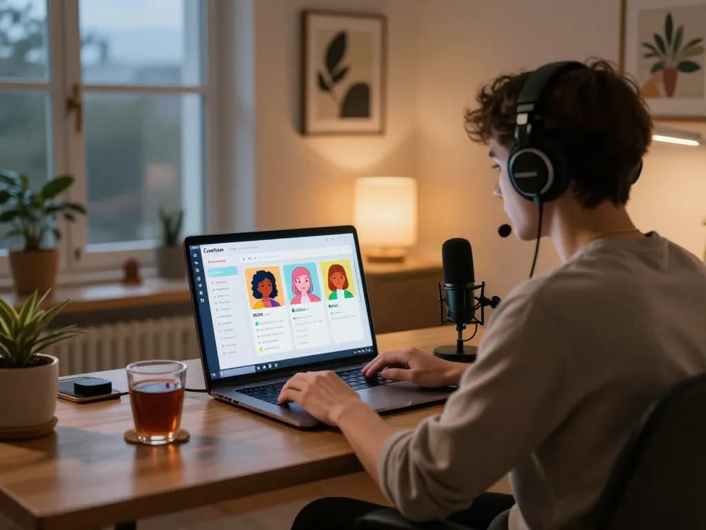 Engaging in ai nsfw chat on Crushon AI in a cozy home office setting with vibrant avatars.