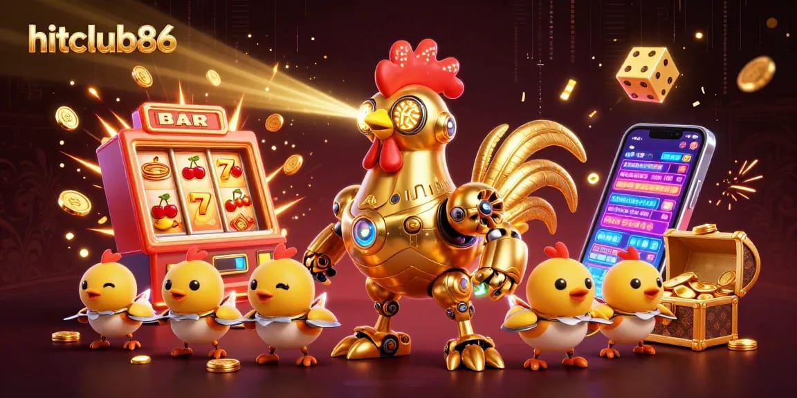 Experience the excitement of hitclub86 with a striking 3D illustration of a golden rooster robot and vibrant casino symbols.