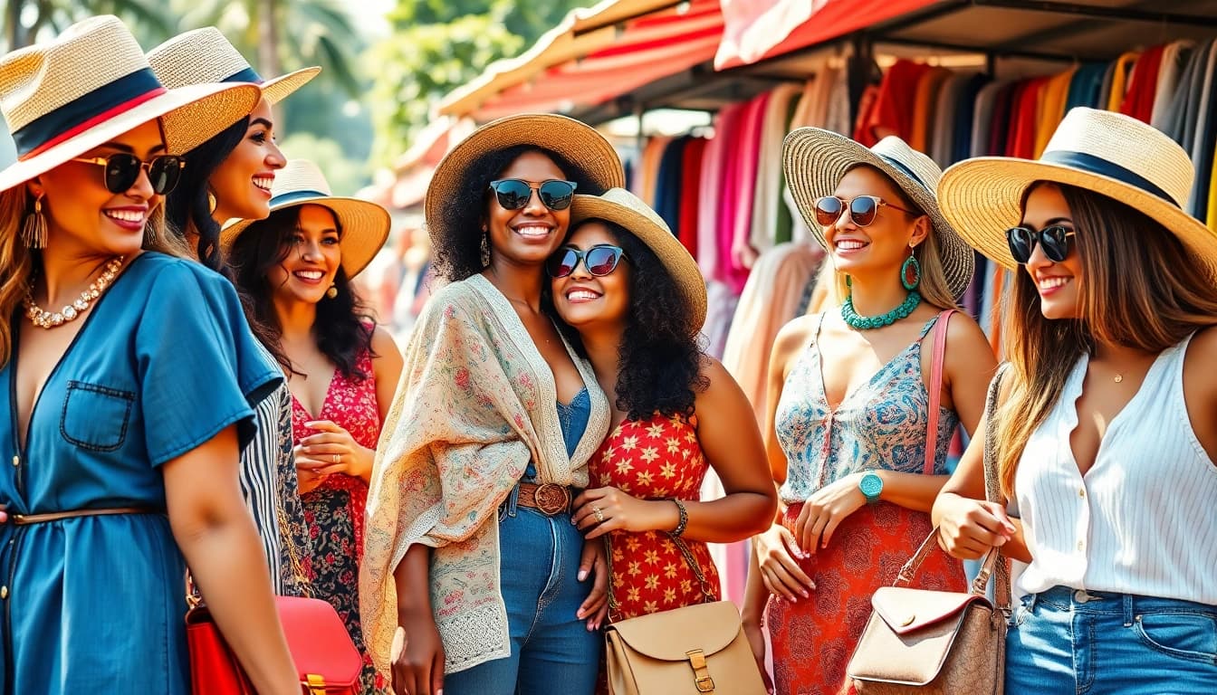 Explore stunning Women Fashion trends with diverse models showcasing vibrant styles in a lively market.