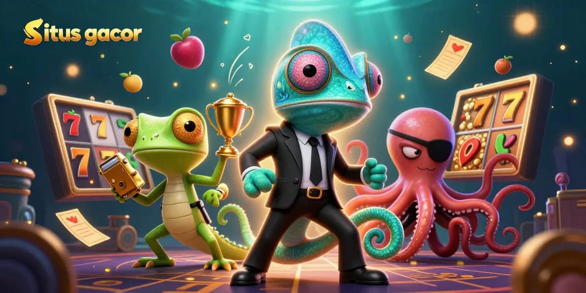 Play slots at situs gacor for chances to win jackpots, featuring vibrant 3D casino characters.