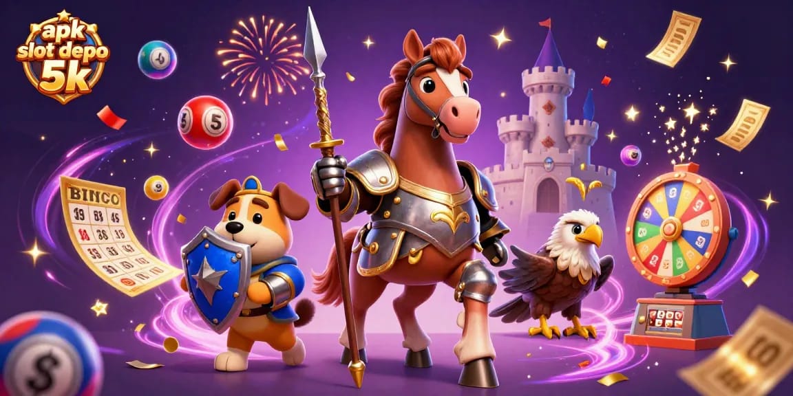 Engage with thrilling apk slot depo 5k experiences as a knight, puppy, and falcon celebrate in a dynamic casino scene.
