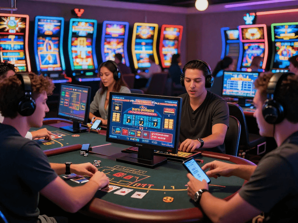 Players enjoying US online casinos with vibrant graphics and thrilling games, reflecting modern gaming trends.