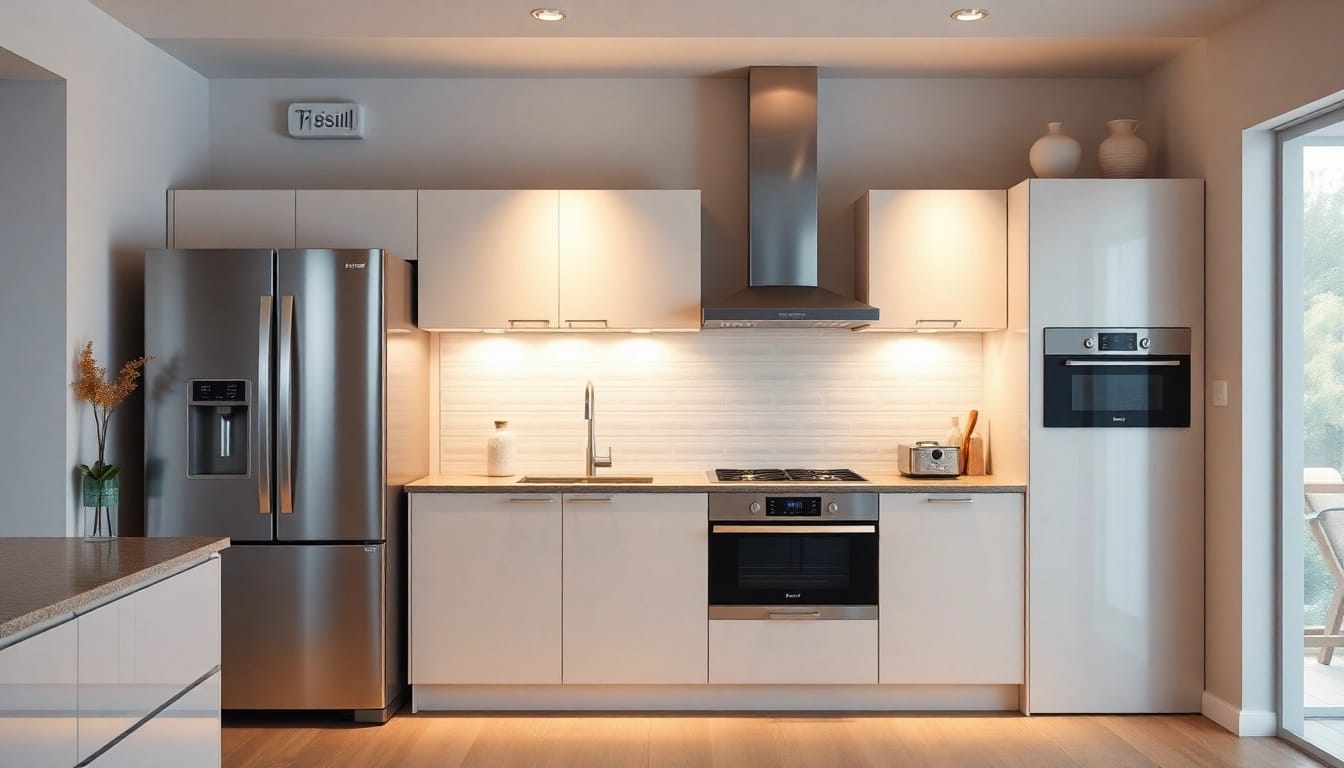 Showcasing бяла техника in a stylish kitchen, emphasizing modern appliances like a refrigerator and stove.
