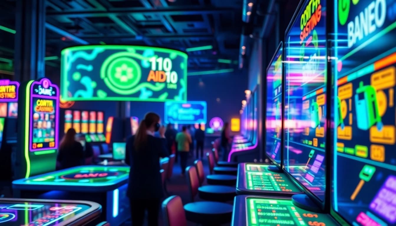 Experience an immersive scene depicting New Technology in modern gambling with futuristic casino visuals.