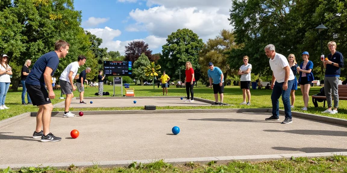 Petanque players at an exciting tournament representing fopikotatomohon.org in a vibrant park setting.