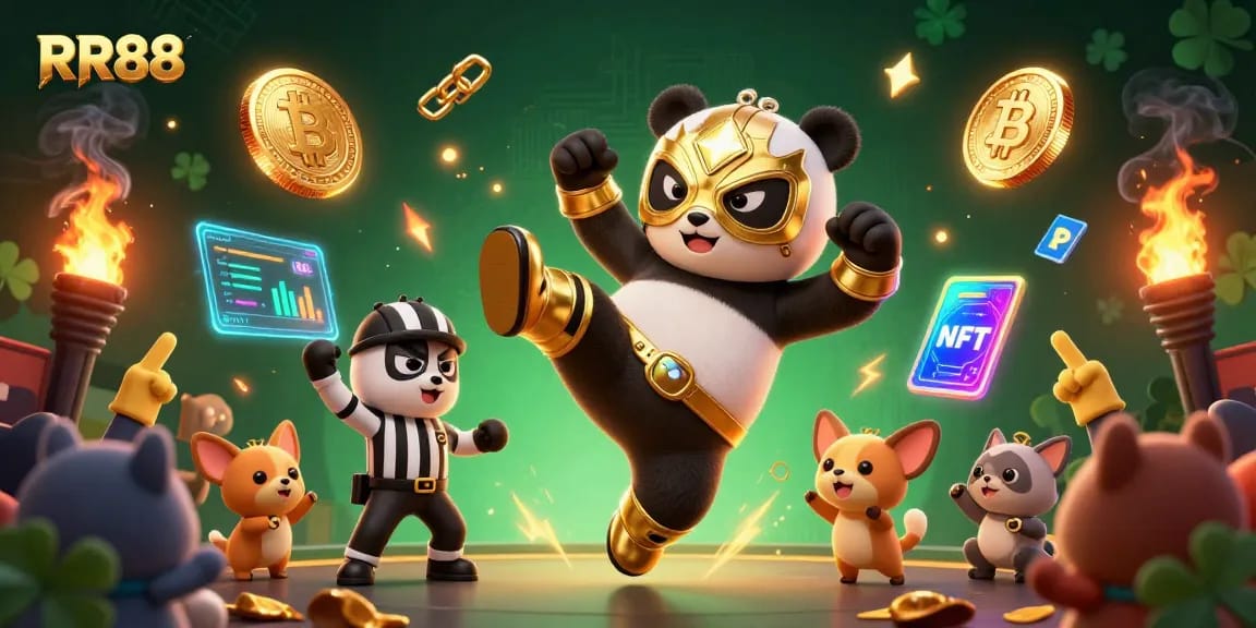 Join RR88 for thrilling casino adventures with a lively wrestling panda and animal spectators!